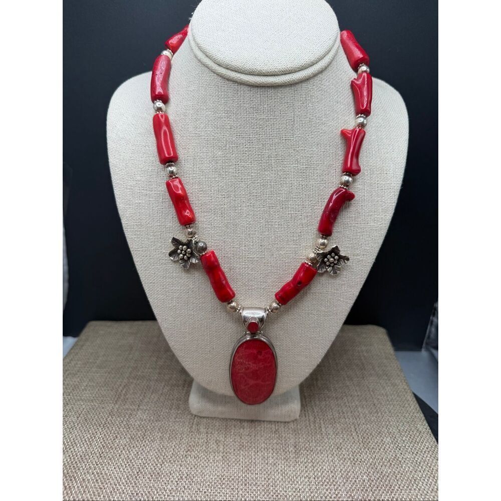 Artisan Sterling Silver Fossilized Coral Pendant Necklace with Red Coral Beads